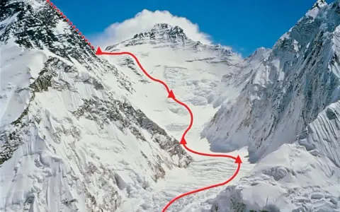 Trasa na szczyt Mount Everest. Czerwona linia wyznacza drogę przez lodowiec i śnieżne zbocza.