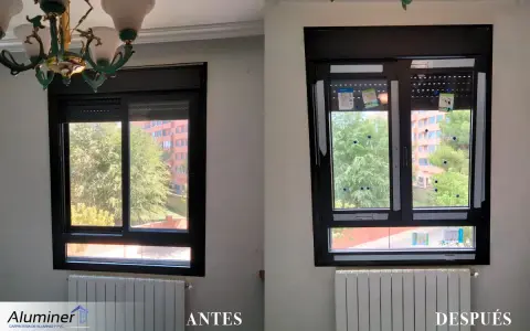 Comparativa de una ventana sin obra: antes y después. La nueva ventana mejora la estética y funcionalidad.