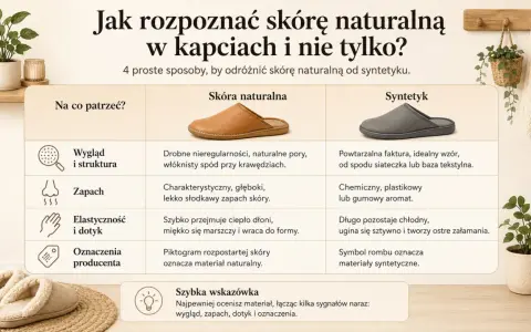 Tabela porównuje skórę naturalną i syntetyk, wyjaśniając, jak rozpoznać skórę ekologiczną co to jest, po wyglądzie, zapachu i dotyku.