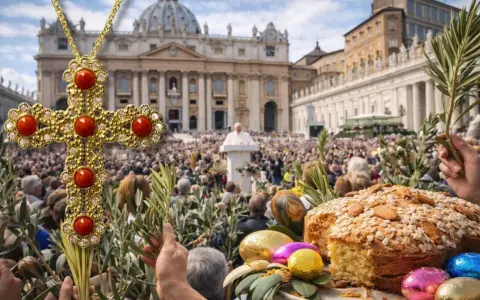 A jeweled cross, palm branches, and Easter treats in front of a crowd gathered for Holy Week in Italy.