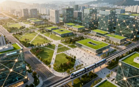 Modellprojekte Smart Cities: Grüne Dächer, vernetzte Gebäude und eine moderne Bahn prägen diese futuristische Stadtlandschaft.
