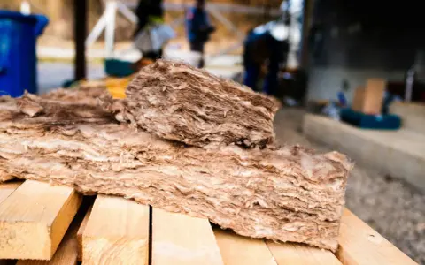 Gros plan sur des panneaux d'isolation en laine de roche ou laine de bois, prêts pour l'installation sur un chantier.