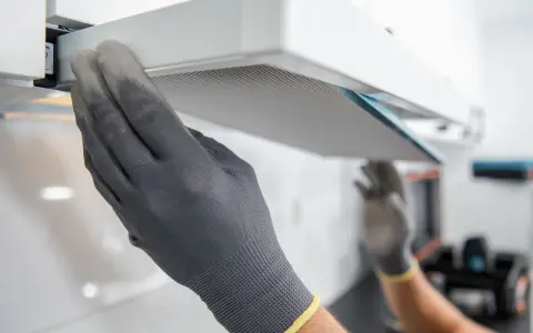 Hände mit Handschuhen ziehen einen Filter aus einer Dunstabzugshaube, um den Motor zu reinigen.
