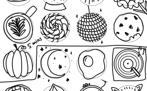 Dessin au trait d'objets divers : tasse, citrouille, lune, œuf au plat, disque vinyle. L'artiste semble être à court d'idée, mais le style est charmant.