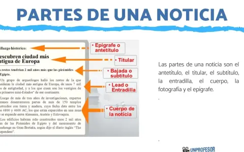 Diagrama ilustra las partes de una noticia: antetítulo, titular, bajada, lead y cuerpo, con un ejemplo de hallazgo histórico.