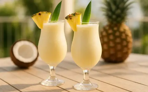 Deux verres de pina colada sans alcool, décorés d'ananas, avec un ananas et une noix de coco en arrière-plan.