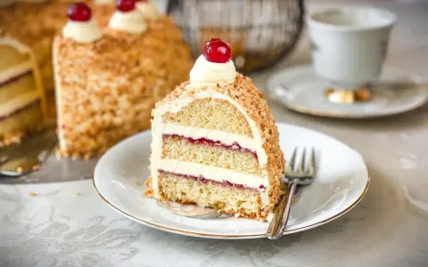 Ein Stück einer köstlichen Torte mit Buttercreme und roter Marmelade, umhüllt von gehackten Nüssen. Perfekt für die besten Torten Rezepte!