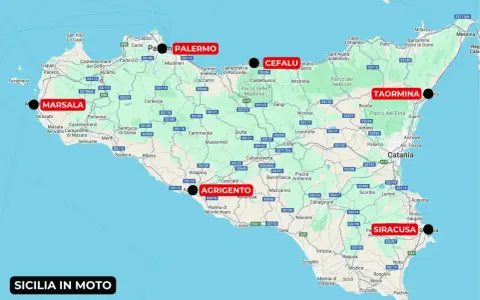 Itinerario di 10 giorni in Sicilia in moto: da Marsala a Siracusa, passando per Palermo, Agrigento e Taormina.