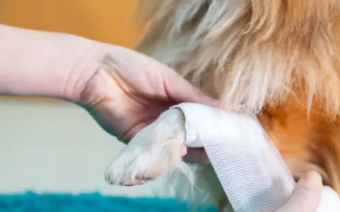Main d'une personne bandant la patte d'un chien, peut-être une entorse patte chien.