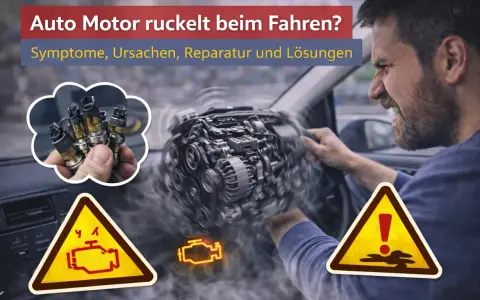 Mann im Auto mit ruckelndem Motor, Zündkerzen und Warnsymbolen. Ursachen für ruckeln beim Anfahren.