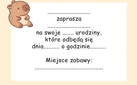 Urocze zaproszenie na urodziny dziecka do druku z misiem. Zaprasza na swoje urodziny, podaj datę, godzinę i miejsce zabawy.