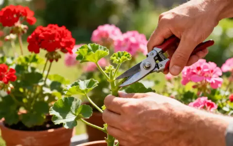 Dłonie przycinają pędy pelargonii, by zachęcić je do bujniejszego wzrostu. W tle kwitnące geranium w doniczkach.