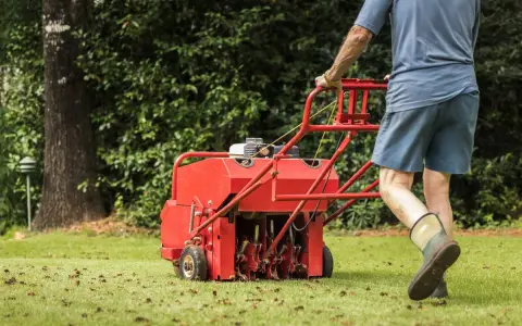 Man pushing a red core aeration machine across a green lawn, leaving plugs of soil behind.