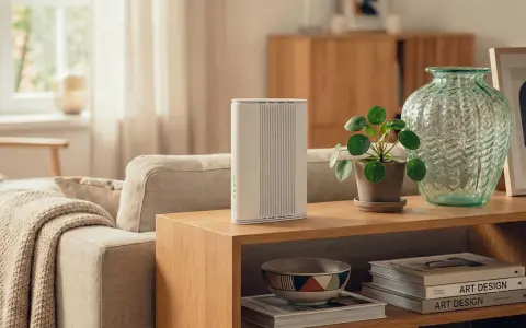 En stilren router på ett sidobord i vardagsrummet, redo för tv via mobilt bredband. En grön vas och en krukväxt ger liv åt inredningen.