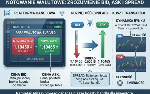 Ilustracja wyjaśnia pojęcia BID, ASK i Spread na platformie handlowej. Broker oferuje kursy kupna i sprzedaży, a różnica między nimi to Spread, czyli koszt transakcji.