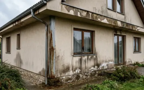 Brudne ślady po deszczu na elewacji, gdzie woda cieknie po ścianie, tworząc nieestetyczne zacieki.