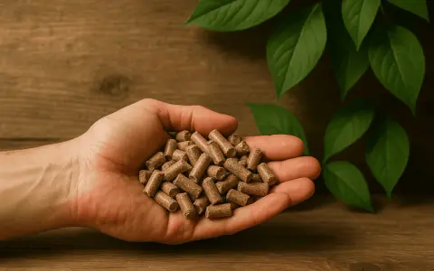Dłoń trzymająca pellet drzewny, symbol ekologicznego ogrzewania. Sprawdź, czy przysługuje Ci dofinansowanie do pieca na pellet.