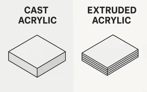 Comparison of extruded vs cast acrylic. Cast acrylic is a solid block, while extruded acrylic shows distinct layers.