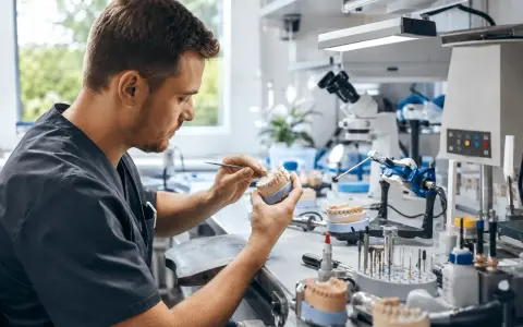 Precyzyjny **technik dentystyczny** pracuje nad modelem szczęki, tworząc idealny uśmiech.