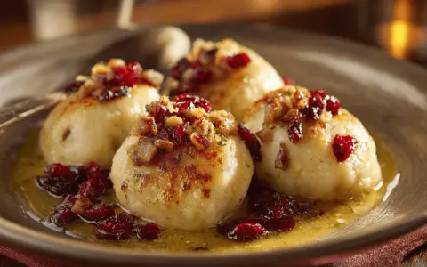 Kroppkakor recept: fyra gyllene kroppkakor med lingon och knaprigt fläsk i en skål.