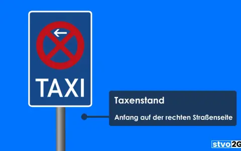 Verkehrsschild "TAXI" mit Pfeil nach links und rotem Verbotsschild. Text: "Taxenstand. Anfang auf der rechten Straßenseite.