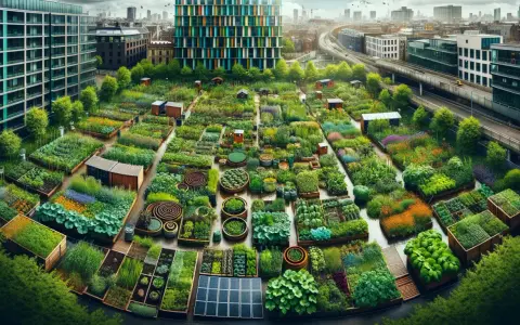 Grüne Oasen inmitten der Stadt: Ein lebendiges Beispiel für urbane Landwirtschaft mit Gemüsebeeten, Blumen und Solarpaneelen.