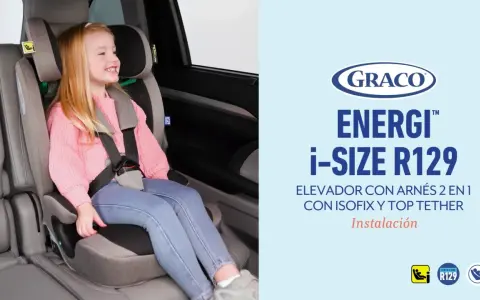 Niña sonriente en silla de coche Graco Energi i-Size R129. Instrucciones de instalación de la silla Jané Gravity.