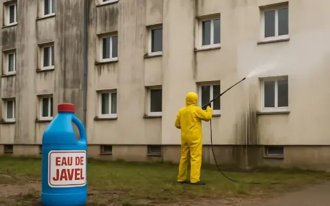 Person en tenue jaune effectuant un nettoyage facade eau de javel sur un mur sale. Une grande bouteille d'eau de javel est posée au sol.