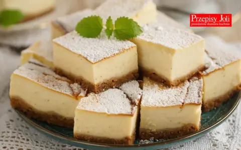 Pyszny sernik z mascarpone i budyniem, posypany cukrem pudrem. Idealny przepis na domowe ciasto.