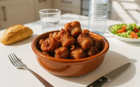 Un cuenco de rabo de cerdo frito, servido con pan, ensalada y agua.