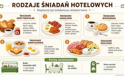 Rodzaje śniadań hotelowych: kontynentalne, angielskie, wiedeńskie, amerykańskie, rosyjskie. Formy serwowania: bufet, serwis do stolika, room service.