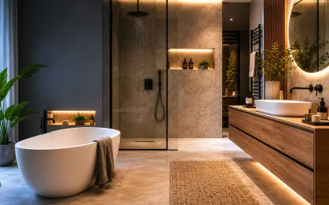 Bagno moderno con vasca freestanding, doccia a pioggia e mobile lavabo in legno. Idee per come arredare un bagno con stile e funzionalità.