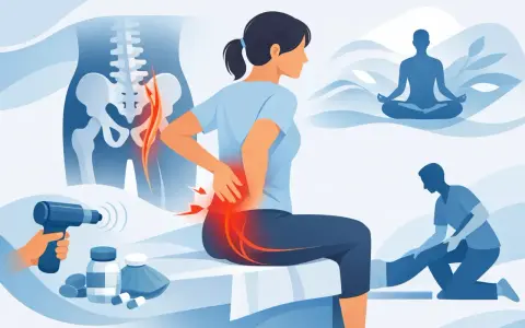 Douleur sciatique fessier que faire ? Illustration montrant une femme souffrant de sciatique, avec des traitements comme la physiothérapie, la méditation et des médicaments.