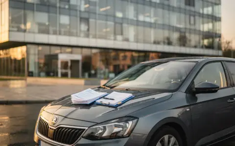 Szara Skoda na tle nowoczesnego biurowca. Na masce leżą dokumenty i długopis, gotowe do podpisania umowy OC na 30 dni.