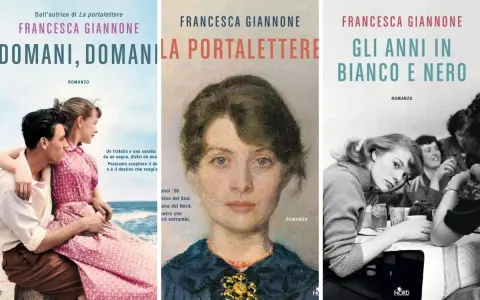Copertine di libri di Francesca Giannone: "Domani, domani", "La portalettere" e "Gli anni in bianco e nero".