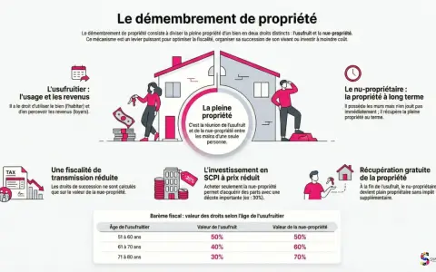 Schéma expliquant le démembrement de propriété, un exemple de sci familiale pour la succession. Il détaille l'usufruit, la nue-propriété et la pleine propriété.