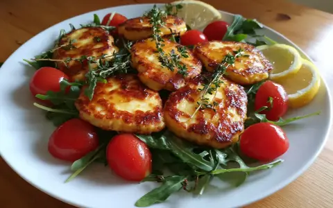 Stekt halloumi med körsbärstomater, ruccola och citron. Ett enkelt och gott halloumi recept som passar perfekt som förrätt eller lätt lunch.