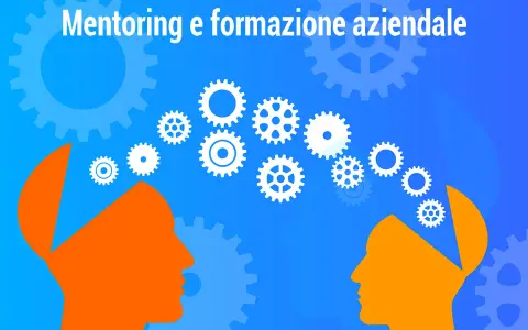 Due profili arancioni stilizzati, con la testa aperta, si fronteggiano. In alto, ingranaggi bianchi simboleggiano il mentoring significato e la formazione aziendale.