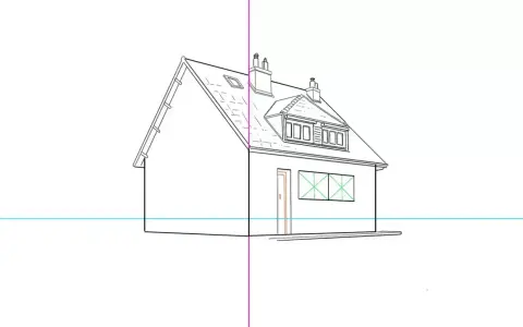 Un dessin d'architecture facile montrant une maison avec une ligne de perspective.