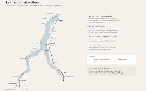 Mappa del lago di Como con indicati i collegamenti in treno e traghetto, ideale per un viaggio in moto sul lago di Como.