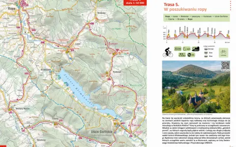 Mapa z trasami rowerowymi w Beskidzie Niskim. Trasa 5 "W poszukiwaniu ropy" prowadzi przez malownicze tereny.