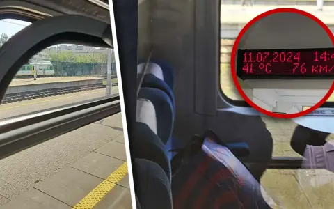 Warszawa awaria pociągów. W upalny dzień 11.07.2024, 14:40, pociąg stoi na stacji, temperatura 41°C, prędkość 76 km/h.