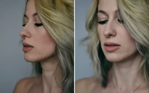 Kobieta z blond włosami i złotym kółkiem w nosie, tzw. septum.