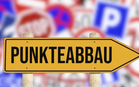 Gelbes Schild mit der Aufschrift "PUNKTEABBAU" weist den Weg. Informieren Sie sich über die fahreignungsseminar kosten, um Punkte abzubauen.