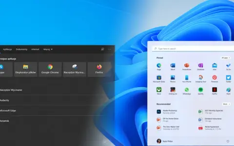 Porównanie interfejsów Windows 10 i 11, z menu start i ikonami aplikacji. Który system lepszy do gier?