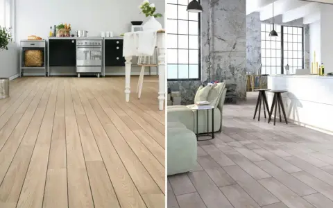 Dos ambientes modernos: cocina con tarima de madera clara y salón con tarima gris, ambas con bisel.