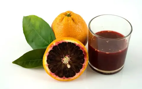 Blutorange: ein gesunder Genuss für gesund abnehmen. Saft und Frucht mit Blättern auf weißem Grund.