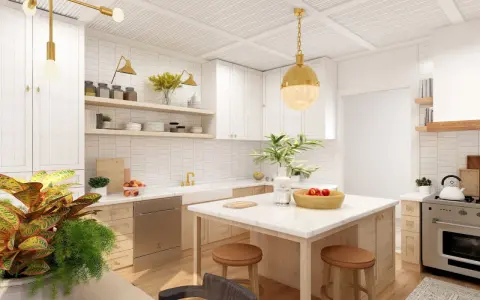 Cocina moderna con isla central, gabinetes blancos y detalles dorados. Ideas para como diseñar una cocina funcional y elegante.