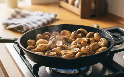 Pilze braten in einer Gusseisenpfanne auf dem Herd. Dampf steigt auf, während die Pilze goldbraun werden.
