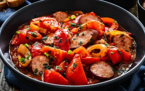 Pyszny obiad z kiełbasą, papryką i pomidorami w sosie, posypany natką pietruszki. Obok kromki chleba.